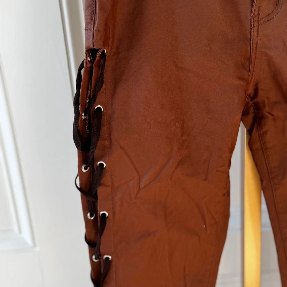 Y2K Brown Faux Leather SideLace Up Pants Women’s Slim Shein Moto Festival 28 - Picture 3 of 6